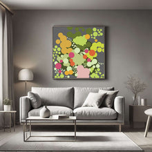 Load image into Gallery viewer, Green Geometric Abstract Bouquet print in modern living room, featuring vibrant circular motifs in earthy greens and pastels.