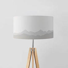 Load image into Gallery viewer, View in the Alps monochrome drum lampshade, 40cm diameter, handmade mountain landscape lighting decor