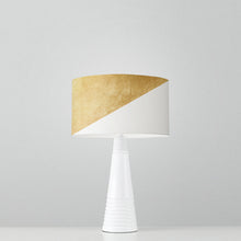 Load image into Gallery viewer, Dipped in Gold drum lampshade, 25cm and 30cm diameter, handmade modern lighting with metallic finish