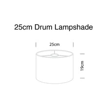 Load image into Gallery viewer, Illustration of a 25cm drum lampshade with dimensions showing diameter and height for interior decor