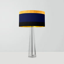 Load image into Gallery viewer, Hand-painted Gold, Navy and Black Stripes drum lampshade, 10 and 12 inch, contemporary artistic striped light shade