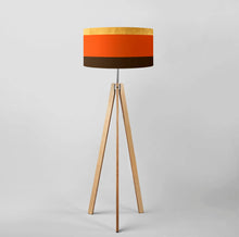 Load image into Gallery viewer, Hand-painted 18 inch drum lampshade in gold, orange and brown with metallic gold lining, contemporary light shade