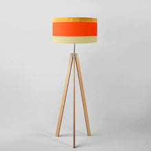 Load image into Gallery viewer, Hand-painted Gold, Orange and Cream striped drum lampshade, 16 and 18 inch, contemporary artistic light shade with gold interior