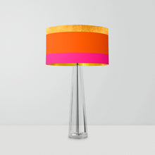 Load image into Gallery viewer, Gold, Orange and Pink Stripes drum lampshade with gold lining, handmade lighting