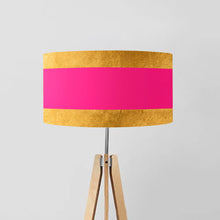Load image into Gallery viewer, Gold, Pink and Gold Stripes drum lampshade with gold lining, 45cm diameter, handmade modern striped lighting decor