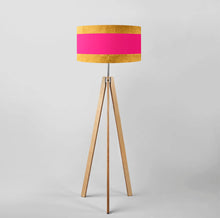 Load image into Gallery viewer, Elegant Gold, Pink and Gold striped drum lampshade, 18 inch, gold-lined fabric lighting for stylish interiors