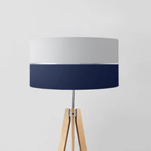 Load image into Gallery viewer, Light Grey, Navy and Silver Stripes drum lampshade, 40cm and 45cm diameter, handmade modern striped lighting decor