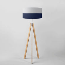 Load image into Gallery viewer, Hand-painted Light Grey, Navy and Silver striped drum lampshade, 16 and 18 inch, contemporary artistic light shade