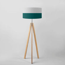 Load image into Gallery viewer, Hand-painted drum lampshade in light grey and deep teal stripes, 18 inch, contemporary artistic light shade