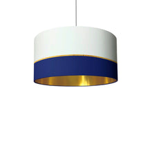 Load image into Gallery viewer, Navy and Gold Lines drum lampshade with gold lining, 40cm and 45cm diameter, handmade modern striped lighting decor