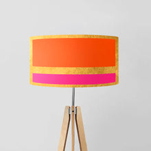 Load image into Gallery viewer, Orange and Pink Stripes on Gold drum lampshade with gold lining, 40cm and 45cm diameter, handmade modern lighting decor