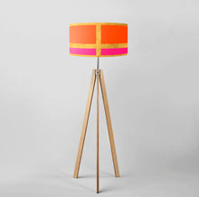 Load image into Gallery viewer, Orange and Pink on Gold decorative drum lampshade with gold lining, 40cm and 45cm diameter, handmade modern home lighting