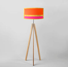 Load image into Gallery viewer, Hand-painted Orange and Pink striped on Gold drum lampshade, 16 and 18 inch, contemporary artistic light shade with gold interior