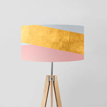 Load image into Gallery viewer, Trinity Ring drum lampshade in gold, rose and light grey, 40cm and 45cm diameter, handmade modern lighting decor
