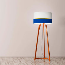 Load image into Gallery viewer, Navy and Gold Lines Drum Lampshade, 40cm (16") diameter, featuring a sophisticated abstract design with navy blue and gold linear patterns, perfect for home decor