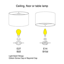 Load image into Gallery viewer, Illustration of lamp fittings: E27, B22, E14, and B15d for ceiling, floor or table lamps.