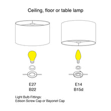 Load image into Gallery viewer, Illustration of ceiling or table lamp with E27, B22, E14, and B15d bulb fitting types.
