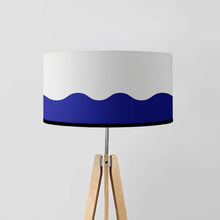 Load image into Gallery viewer, Geometric Navy Waves Drum Lampshade, 45cm (18") diameter, featuring a modern navy blue wave pattern, perfect for home decor