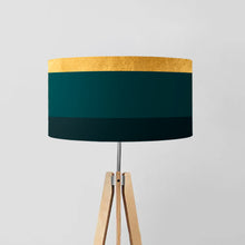 Load image into Gallery viewer, Contemporary drum lampshade, gold and shades of green lines, 18 inch
