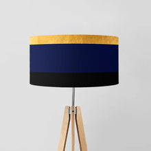 Load image into Gallery viewer, Large 18 inch drum lampshade with gold, navy, black stripes, gold interior