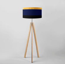 Load image into Gallery viewer, Contemporary drum lampshade, gold, navy, black lines, 18 inch with lining