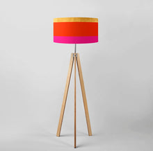 Load image into Gallery viewer, Large 16 and 18 inch drum lampshade, gold, orange, pink lines, gold interior