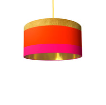 Load image into Gallery viewer, Contemporary drum lampshade, gold, orange, pink lines, 16–18 inch