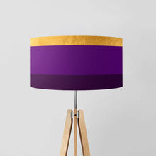 Load image into Gallery viewer, Contemporary drum lampshade, gold, lilac, purple lines, 18 inch with lining