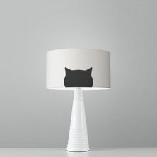 Load image into Gallery viewer, black Grumpy Cat fabric drum lampshade, playful animal print lighting