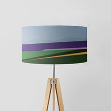 Load image into Gallery viewer, Looking Over Drum Lampshade, 45cm (18") diameter, featuring a vibrant abstract landscape with bold colours, perfect for home decor.