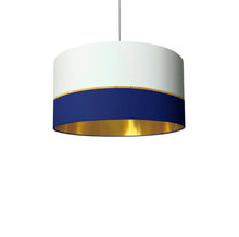 Load image into Gallery viewer, Contemporary navy and gold fabric drum lampshade, 18 inch lighting decor